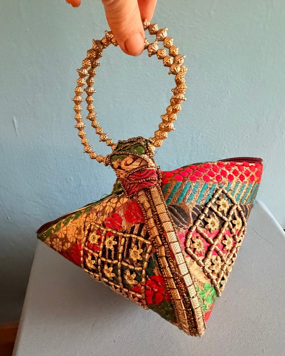 Fortune Cookie Indian Batwa Pouch Wristlet Bag Zardozi Embroidered Brocade
